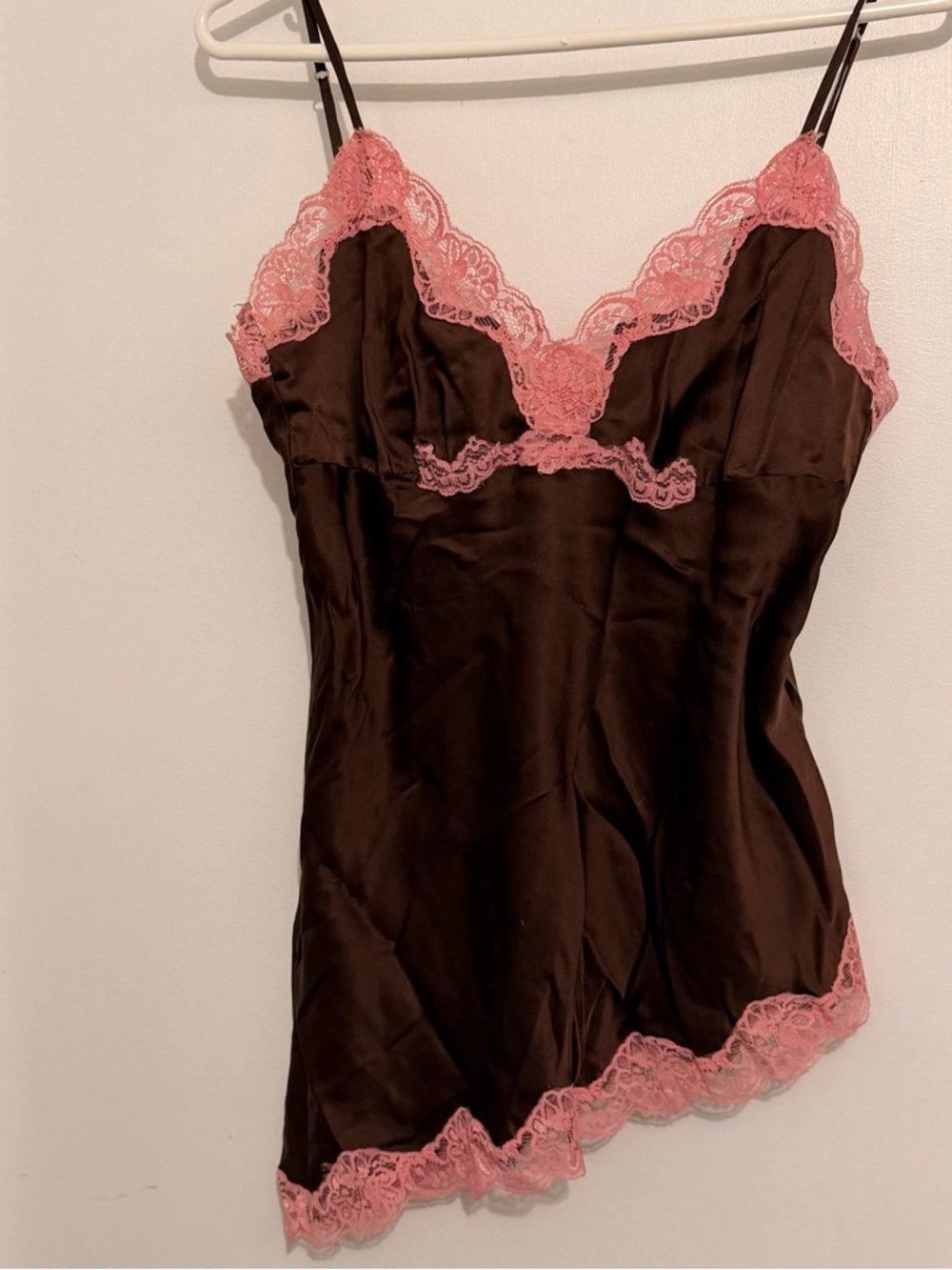Brown Satin Lace-Trim Camisole with Pink Accents